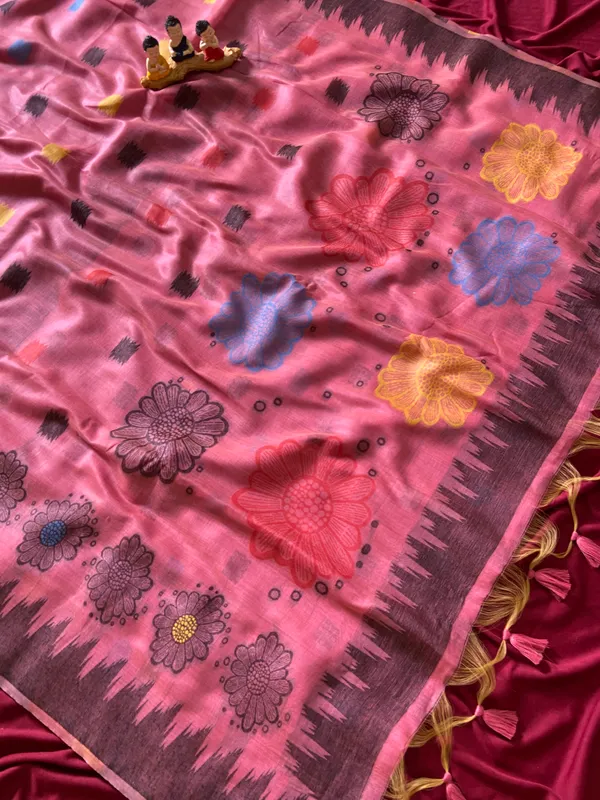 Premium_Soft_Muga_Cotton_sarees_with_Beautiful_Colourfull_3D_Woven_Flower_Design_Pallu_With_Attractive_All_Over_Resham_Weaving_Butti_Design_With_Resham_Weaving_Border_And_Resham_Weaving_Butti_Blouse_With_Fancy_Tassels