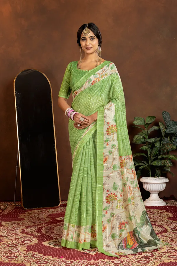 Soft_Semi_Tussar_Silk_sarees_with_Beautiful_Digital_Print_With_Attractive_Border_And_Contrast_Print_Blouse_With_Tassels
