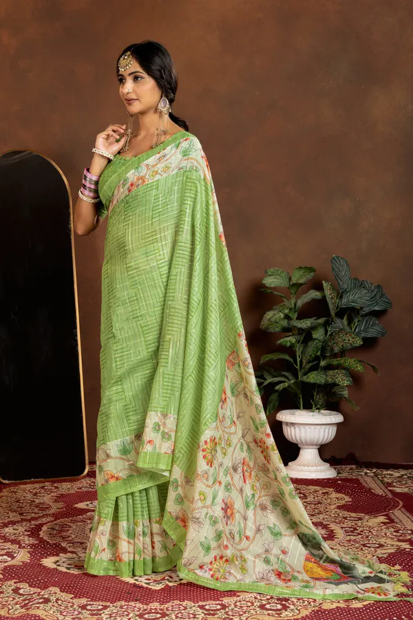 Soft_Semi_Tussar_Silk_sarees_with_Beautiful_Digital_Print_With_Attractive_Border_And_Contrast_Print_Blouse_With_Tassels