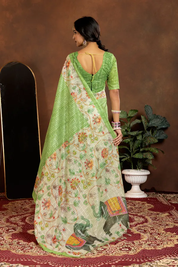 Soft_Semi_Tussar_Silk_sarees_with_Beautiful_Digital_Print_With_Attractive_Border_And_Contrast_Print_Blouse_With_Tassels