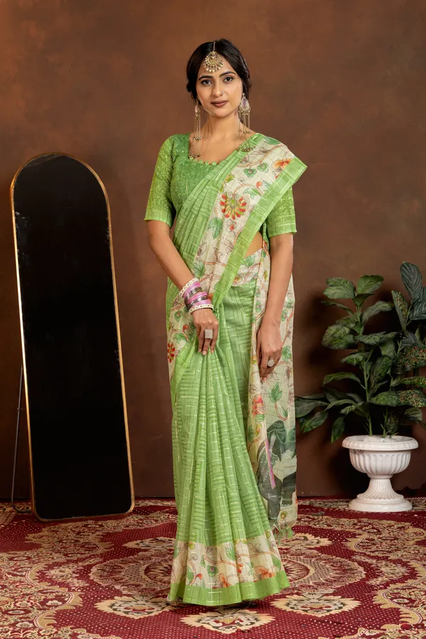 Soft_Semi_Tussar_Silk_sarees_with_Beautiful_Digital_Print_With_Attractive_Border_And_Contrast_Print_Blouse_With_Tassels