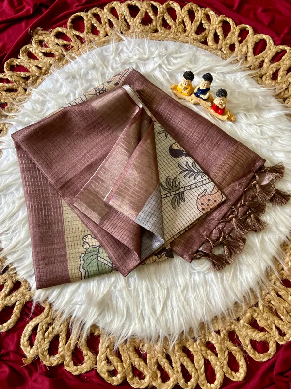 Soft_Tussar_Silk_sarees_with_Beautiful_Digital_Print_With_Attractive_Checks_Design_Saree_And_Digital_Print_Blouse_With_Tassels