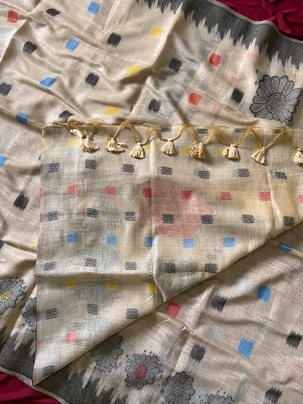 Premium_Soft_Muga_Cotton_sarees_with_Beautiful_Colourfull_3D_Woven_Flower_Design_Pallu_With_Attractive_All_Over_Resham_Weaving_Butti_Design_With_Resham_Weaving_Border_And_Resham_Weaving_Butti_Blouse_With_Fancy_Tassels
