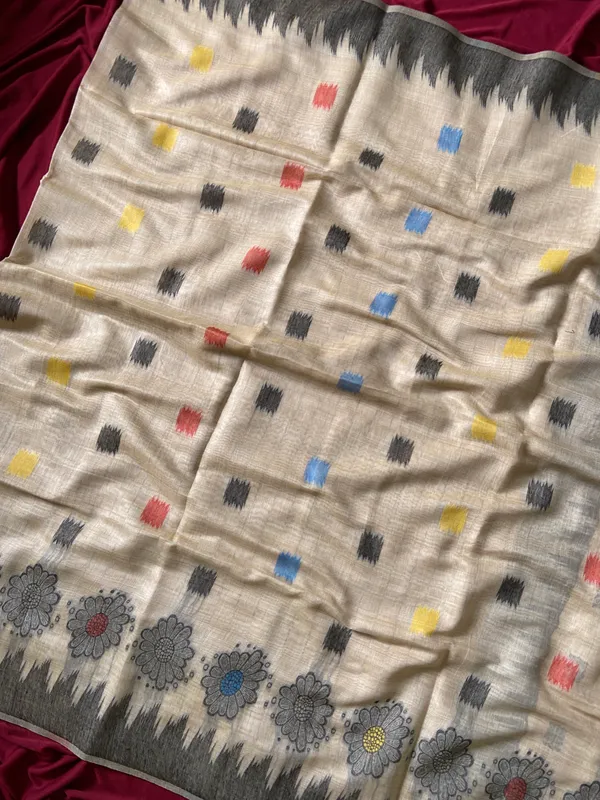 Premium_Soft_Muga_Cotton_sarees_with_Beautiful_Colourfull_3D_Woven_Flower_Design_Pallu_With_Attractive_All_Over_Resham_Weaving_Butti_Design_With_Resham_Weaving_Border_And_Resham_Weaving_Butti_Blouse_With_Fancy_Tassels