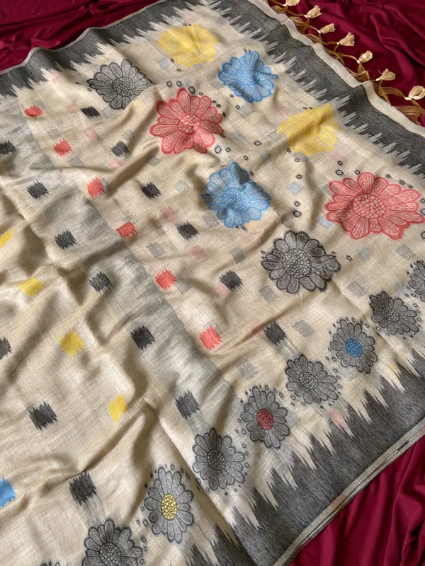 Premium_Soft_Muga_Cotton_sarees_with_Beautiful_Colourfull_3D_Woven_Flower_Design_Pallu_With_Attractive_All_Over_Resham_Weaving_Butti_Design_With_Resham_Weaving_Border_And_Resham_Weaving_Butti_Blouse_With_Fancy_Tassels