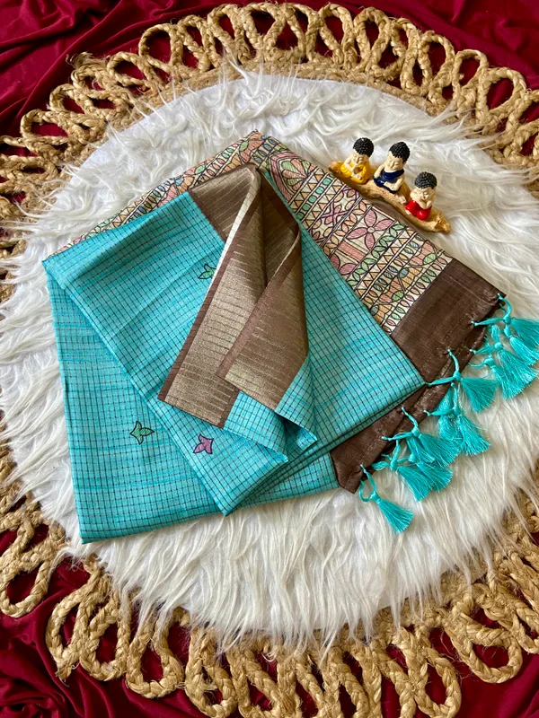 Soft_Tussar_Silk_sarees_with_Beautiful_Digital_Print_With_Attractive_Checks_Design_Saree_And_Digital_Print_Blouse_With_Tassels