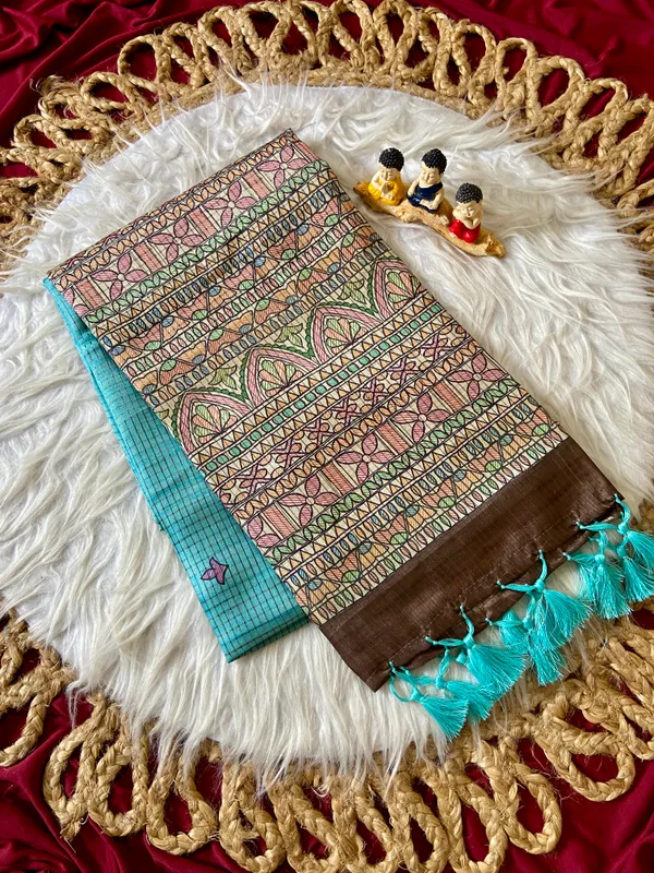 Soft_Tussar_Silk_sarees_with_Beautiful_Digital_Print_With_Attractive_Checks_Design_Saree_And_Digital_Print_Blouse_With_Tassels