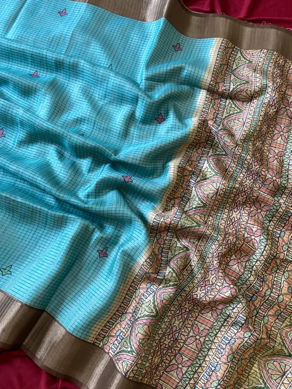 Soft_Tussar_Silk_sarees_with_Beautiful_Digital_Print_With_Attractive_Checks_Design_Saree_And_Digital_Print_Blouse_With_Tassels