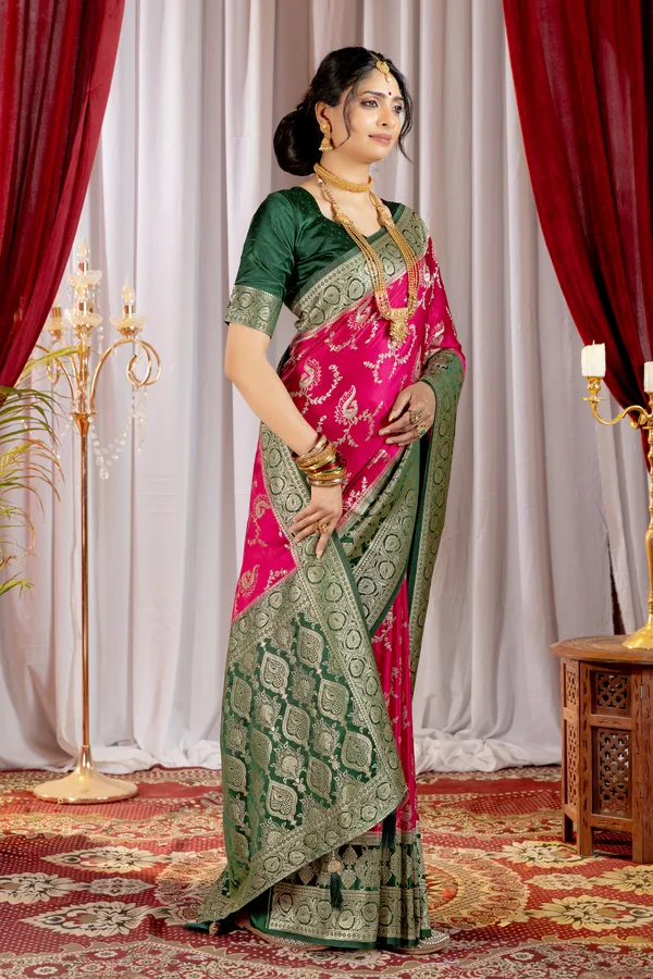 Banarasi_Pure_Satin_Silk_sarees_with_Beautiful_Peacock_in_Contrast_Green-Pink_Shades_With_Attractive_Weaving_Gold_Zari_Design_And_Contrast_Blouse_With_Tassels