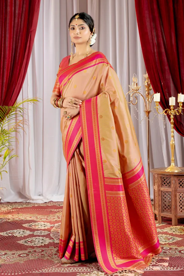 Narayana_Pattu_Narayanpet_Silk_sarees_with_Beautiful_Booti_in_Contrast_Pink-Cream_Shades_With_Attractive_Weaving_Gold_Zari_Design_And_Contrast_Blouse_With_Tassels