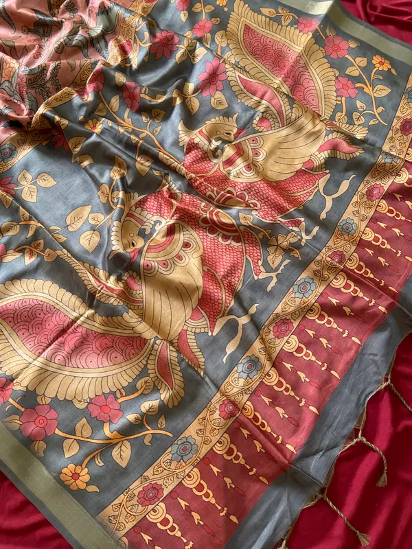 Soft_Tussar_Silk_sarees_with_Beautiful_Style_Of_Kalamkari_Digital_Print_With_Attractive_Border_And_Contrast_Print_Blouse_With_Tassels