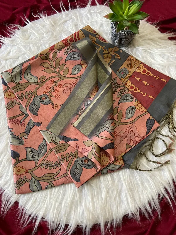 Soft_Tussar_Silk_sarees_with_Beautiful_Style_Of_Kalamkari_Digital_Print_With_Attractive_Border_And_Contrast_Print_Blouse_With_Tassels
