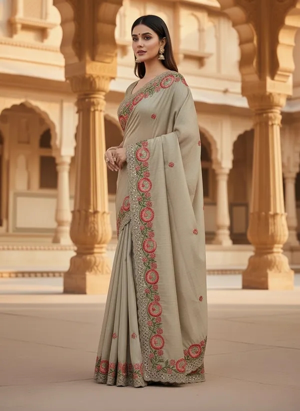 Heavy_Tussar_Silk_sarees_with_Beautiful_Embroidery_&_Sequence_Work_With_Attractive_Cutwork_Border_And_Heavy_Embroidery_&_Sequence_Work_Running_Blouse