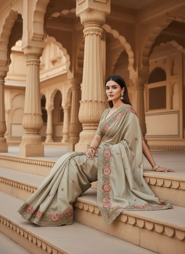 Heavy_Tussar_Silk_sarees_with_Beautiful_Embroidery_&_Sequence_Work_With_Attractive_Cutwork_Border_And_Heavy_Embroidery_&_Sequence_Work_Running_Blouse