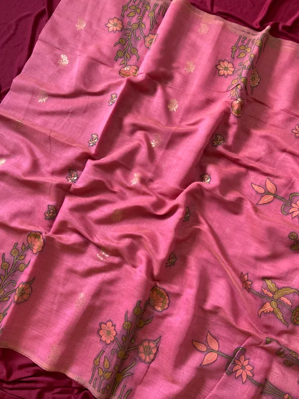 Premium_Soft_Muga_Cotton_sarees_with_Beautiful_Colourfull_Resham_Weaving__Flower_Design_Pallu_With_Attractive_Traditional_Zari_Weaving__With_All_Over__Resham_Weaving__And_Resham_Weaving_Butti_Blouse_With_Fancy_Tassels
