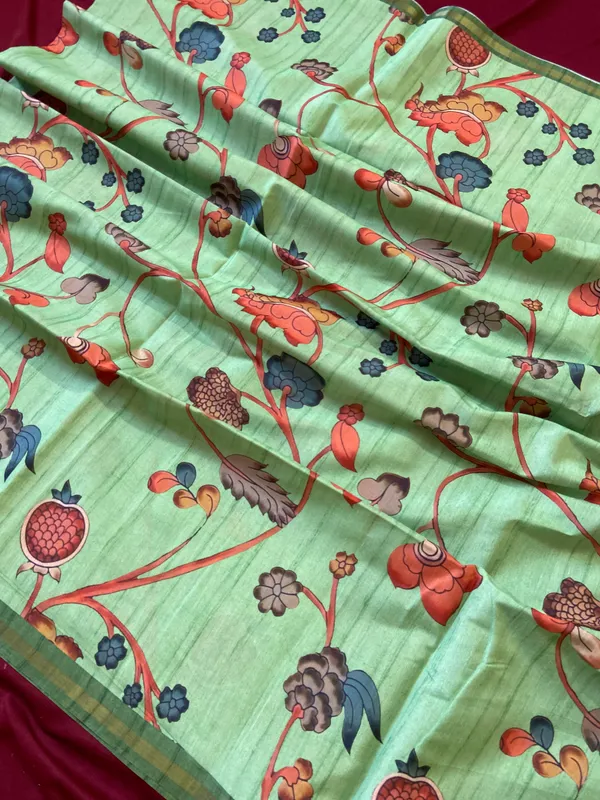 Soft_Tussar_Silk_sarees_with_Beautiful_Digital_Print_With_Attractive_Border_And_Contrast_Print_Blouse_With_Tassels