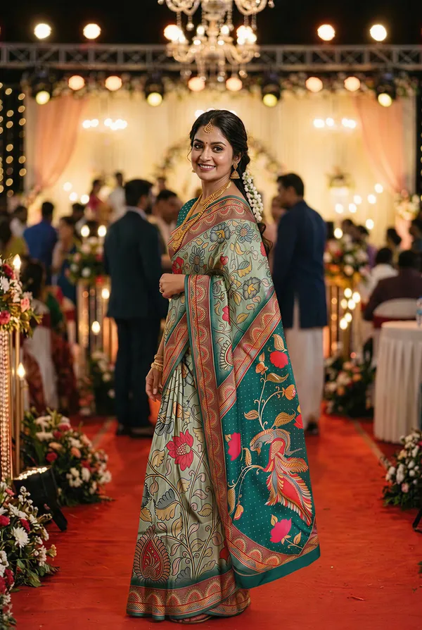 Soft_Tussar_Silk_sarees_with_Beautiful_Digital_Print_With_Attractive_Border_And_Contrast_Print_Blouse_With_Tassels