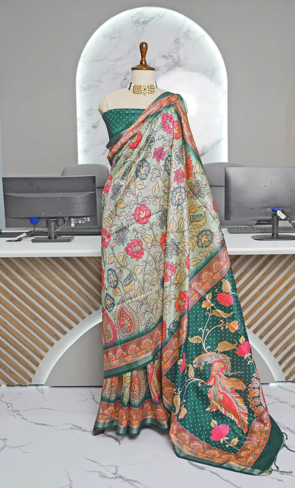 Soft_Tussar_Silk_sarees_with_Beautiful_Digital_Print_With_Attractive_Border_And_Contrast_Print_Blouse_With_Tassels