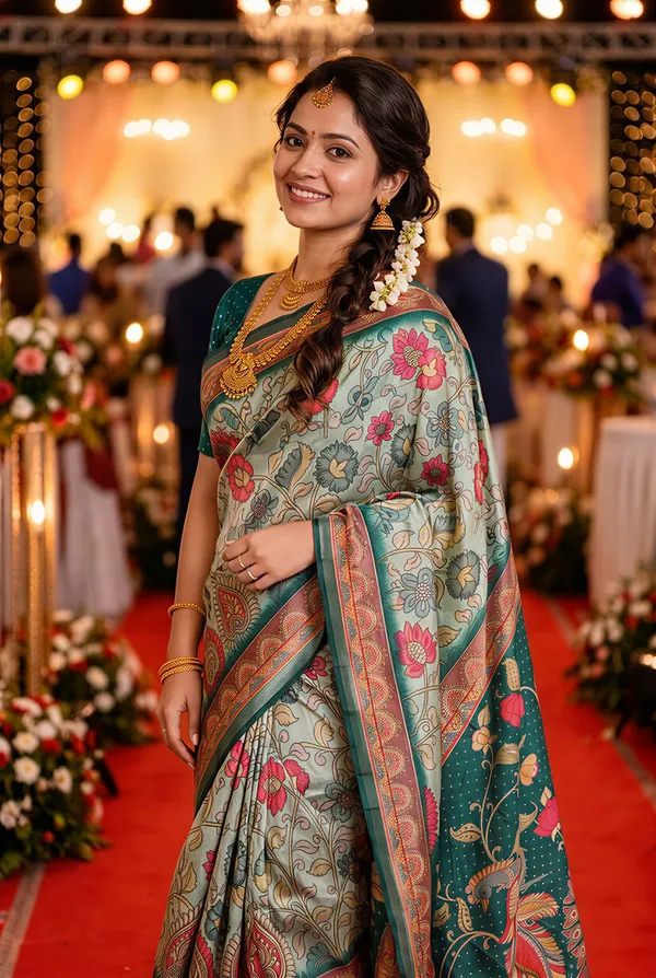 Soft_Tussar_Silk_sarees_with_Beautiful_Digital_Print_With_Attractive_Border_And_Contrast_Print_Blouse_With_Tassels