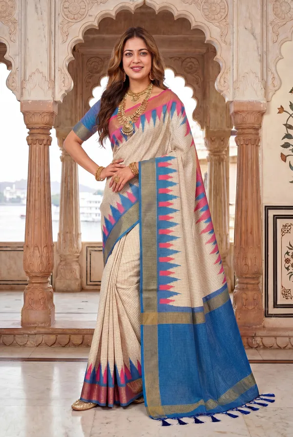 Soft_Tussar_Silk_sarees_with_Beautiful_Digital_Print_With_Attractive_Checks_Design_Saree_And_Digital_Print_Blouse_With_Tassels