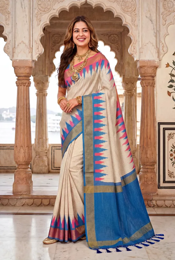 Soft_Tussar_Silk_sarees_with_Beautiful_Digital_Print_With_Attractive_Checks_Design_Saree_And_Digital_Print_Blouse_With_Tassels
