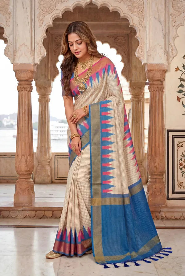 Soft_Tussar_Silk_sarees_with_Beautiful_Digital_Print_With_Attractive_Checks_Design_Saree_And_Digital_Print_Blouse_With_Tassels