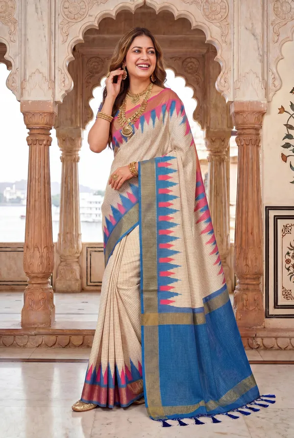 Soft_Tussar_Silk_sarees_with_Beautiful_Digital_Print_With_Attractive_Checks_Design_Saree_And_Digital_Print_Blouse_With_Tassels
