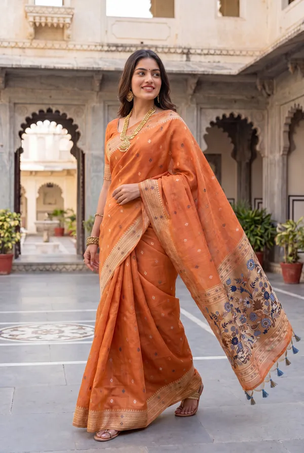 Premium_Soft_Muga_Cotton_Paithani_sarees_with_Beautiful_colourfull_3D_Woven_Elephant_Design_Pallu_With_Attractive_All_Over_Resham_Weaving_Butti_Design_With_Zari_Weaving_Border_And_Resham_Weaving_Butti_Blouse_With_Fancy_Tassels
