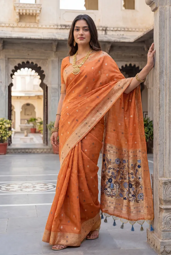 Premium_Soft_Muga_Cotton_Paithani_sarees_with_Beautiful_colourfull_3D_Woven_Elephant_Design_Pallu_With_Attractive_All_Over_Resham_Weaving_Butti_Design_With_Zari_Weaving_Border_And_Resham_Weaving_Butti_Blouse_With_Fancy_Tassels
