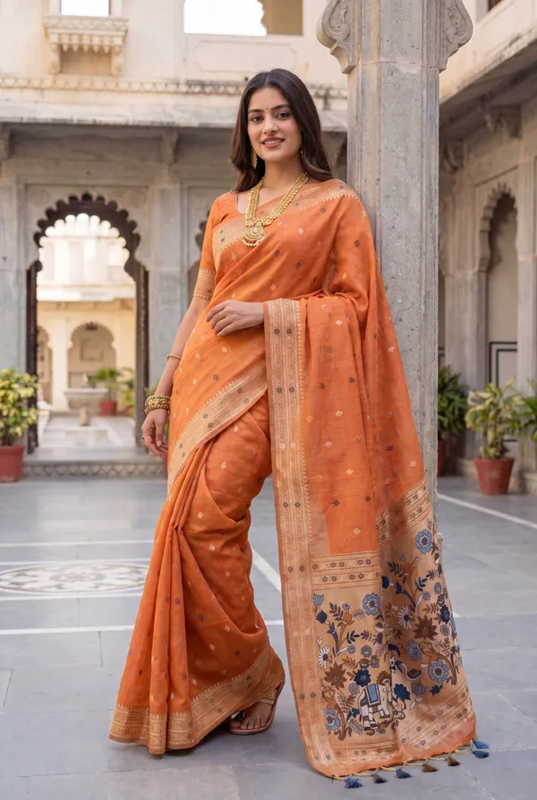 Premium_Soft_Muga_Cotton_Paithani_sarees_with_Beautiful_colourfull_3D_Woven_Elephant_Design_Pallu_With_Attractive_All_Over_Resham_Weaving_Butti_Design_With_Zari_Weaving_Border_And_Resham_Weaving_Butti_Blouse_With_Fancy_Tassels