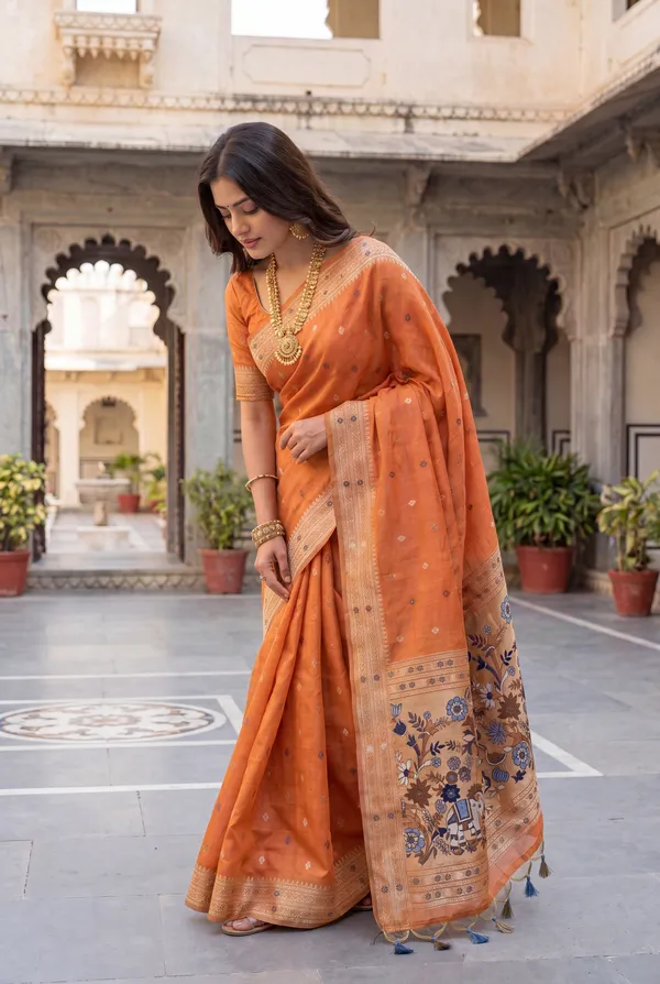Premium_Soft_Muga_Cotton_Paithani_sarees_with_Beautiful_colourfull_3D_Woven_Elephant_Design_Pallu_With_Attractive_All_Over_Resham_Weaving_Butti_Design_With_Zari_Weaving_Border_And_Resham_Weaving_Butti_Blouse_With_Fancy_Tassels