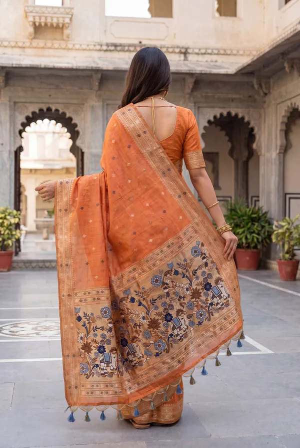 Premium_Soft_Muga_Cotton_Paithani_sarees_with_Beautiful_colourfull_3D_Woven_Elephant_Design_Pallu_With_Attractive_All_Over_Resham_Weaving_Butti_Design_With_Zari_Weaving_Border_And_Resham_Weaving_Butti_Blouse_With_Fancy_Tassels