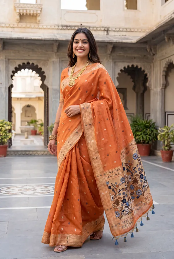 Premium_Soft_Muga_Cotton_Paithani_sarees_with_Beautiful_colourfull_3D_Woven_Elephant_Design_Pallu_With_Attractive_All_Over_Resham_Weaving_Butti_Design_With_Zari_Weaving_Border_And_Resham_Weaving_Butti_Blouse_With_Fancy_Tassels