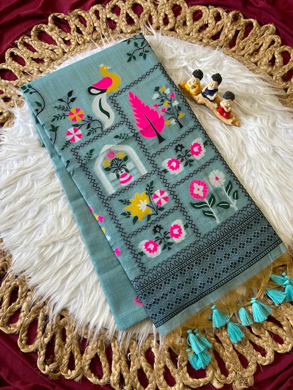 Premium_Soft_Jamdani_Cotton_sarees_with_Beautiful_Colourfull_3D_Woven_Peacock_Design_Pallu_With_Attractive_All_Over_Resham_Weaving_Butti_Design_With_Resham_Weaving_Border_And_Running_Blouse_With_Fancy_Tassels
