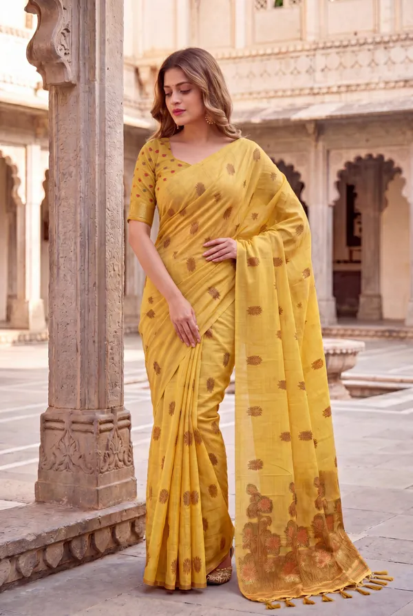 Premium_Soft_Muga_Cotton_sarees_with_Beautiful_?Colourfull_Resham_Weaving__Flower_Design_Pallu_With_Attractive_Traditional_Zari_Weaving__With_All_Over__Resham_Weaving__And_Resham_Weaving_Butti_Blouse_With_Fancy_Tassels