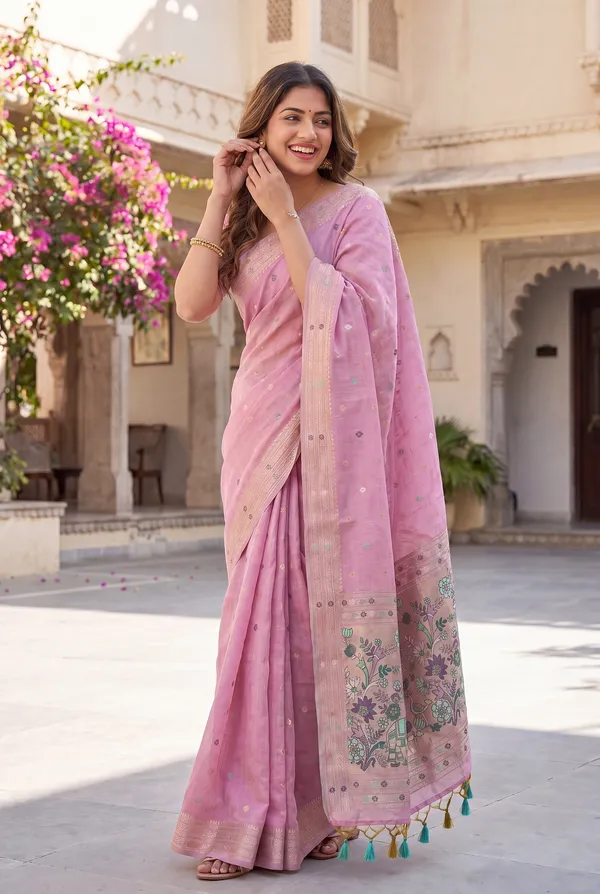 Premium_Soft_Muga_Cotton_Paithani_sarees_with_Beautiful_colourfull_3D_Woven_Elephant_Design_Pallu_With_Attractive_All_Over_Resham_Weaving_Butti_Design_With_Zari_Weaving_Border_And_Resham_Weaving_Butti_Blouse_With_Fancy_Tassels
