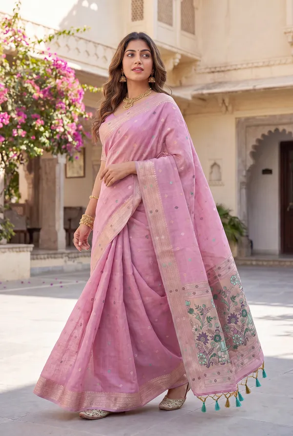 Premium_Soft_Muga_Cotton_Paithani_sarees_with_Beautiful_colourfull_3D_Woven_Elephant_Design_Pallu_With_Attractive_All_Over_Resham_Weaving_Butti_Design_With_Zari_Weaving_Border_And_Resham_Weaving_Butti_Blouse_With_Fancy_Tassels