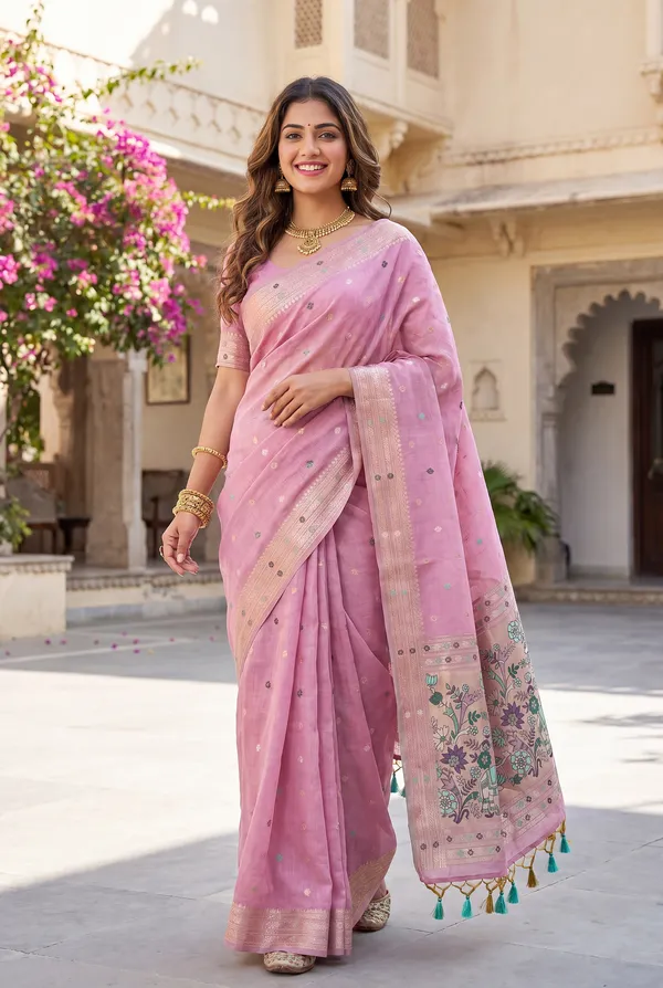 Premium_Soft_Muga_Cotton_Paithani_sarees_with_Beautiful_colourfull_3D_Woven_Elephant_Design_Pallu_With_Attractive_All_Over_Resham_Weaving_Butti_Design_With_Zari_Weaving_Border_And_Resham_Weaving_Butti_Blouse_With_Fancy_Tassels