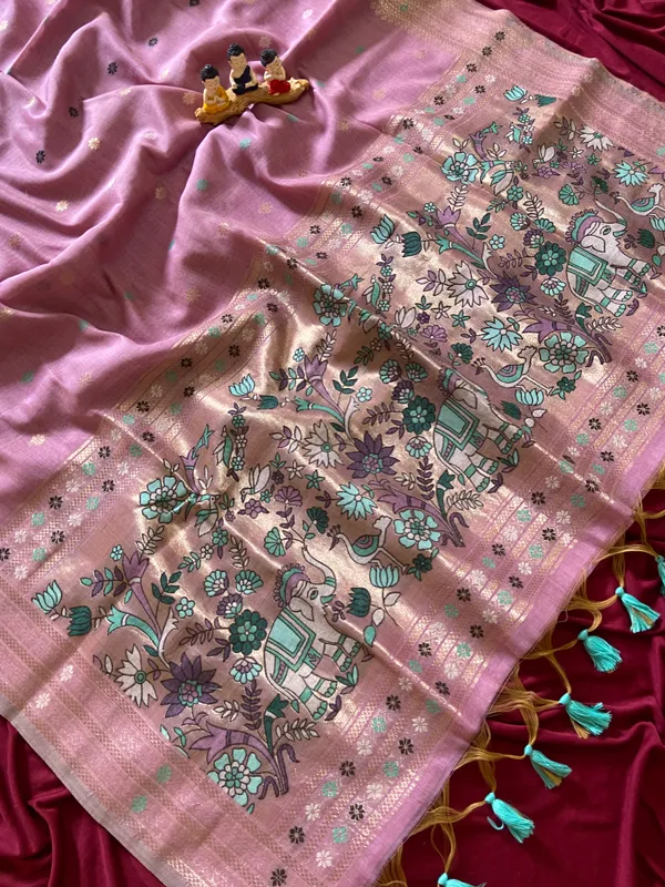 Premium_Soft_Muga_Cotton_Paithani_sarees_with_Beautiful_colourfull_3D_Woven_Elephant_Design_Pallu_With_Attractive_All_Over_Resham_Weaving_Butti_Design_With_Zari_Weaving_Border_And_Resham_Weaving_Butti_Blouse_With_Fancy_Tassels