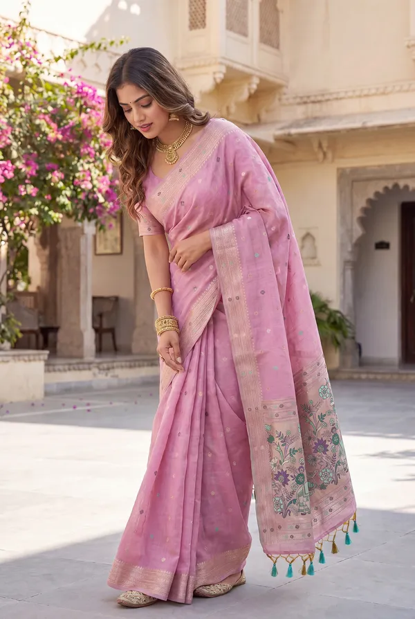 Premium_Soft_Muga_Cotton_Paithani_sarees_with_Beautiful_colourfull_3D_Woven_Elephant_Design_Pallu_With_Attractive_All_Over_Resham_Weaving_Butti_Design_With_Zari_Weaving_Border_And_Resham_Weaving_Butti_Blouse_With_Fancy_Tassels
