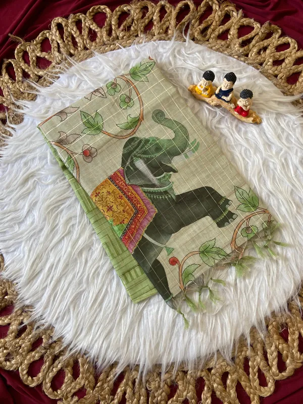 Soft_Semi_Tussar_Silk_sarees_with_Beautiful_Digital_Print_With_Attractive_Border_And_Contrast_Print_Blouse_With_Tassels