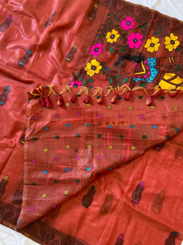 Premium_Soft_Muga_Cotton_sarees_with_Beautiful_?Colourfull_Resham_Weaving_Kalamkari_Design_Pallu_With_Attractive_All_Over_Resham_Weaving_Matka_Design_With_Resham_Weaving_Border_And_Resham_Weaving_Butti_Design_Blouse_With_Fancy_Tassels