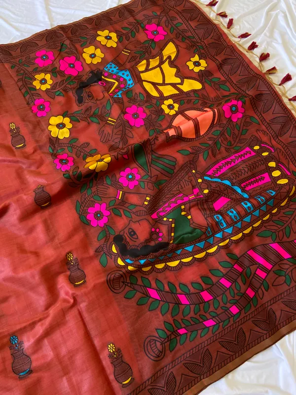 Premium_Soft_Muga_Cotton_sarees_with_Beautiful_?Colourfull_Resham_Weaving_Kalamkari_Design_Pallu_With_Attractive_All_Over_Resham_Weaving_Matka_Design_With_Resham_Weaving_Border_And_Resham_Weaving_Butti_Design_Blouse_With_Fancy_Tassels