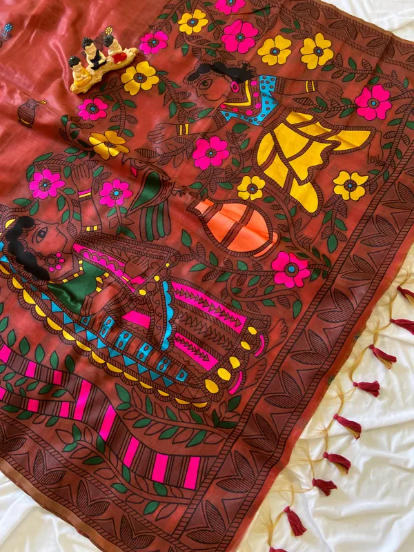 Premium_Soft_Muga_Cotton_sarees_with_Beautiful_?Colourfull_Resham_Weaving_Kalamkari_Design_Pallu_With_Attractive_All_Over_Resham_Weaving_Matka_Design_With_Resham_Weaving_Border_And_Resham_Weaving_Butti_Design_Blouse_With_Fancy_Tassels