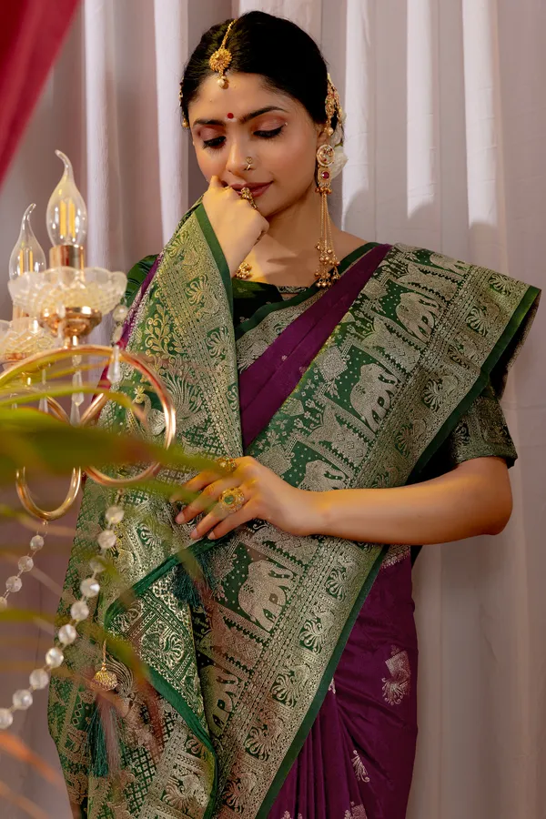 Banarasi_Pure_Satin_Silk_sarees_with_Beautiful_Elephant_in_Contrast_Green-Wine_Shades_With_Attractive_Weaving_Gold_Zari_Design_And_Contrast_Blouse_With_Tassels