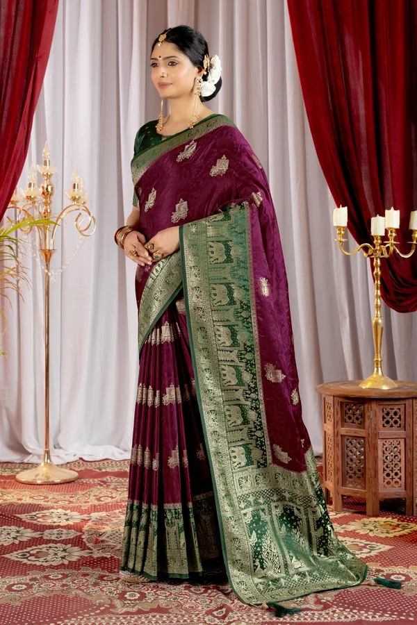 Banarasi_Pure_Satin_Silk_sarees_with_Beautiful_Elephant_in_Contrast_Green-Wine_Shades_With_Attractive_Weaving_Gold_Zari_Design_And_Contrast_Blouse_With_Tassels