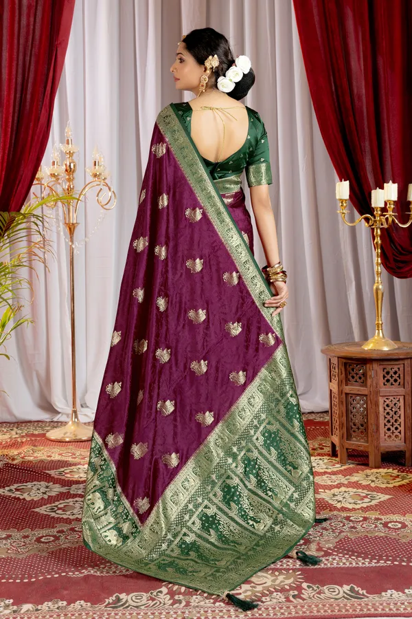 Banarasi_Pure_Satin_Silk_sarees_with_Beautiful_Elephant_in_Contrast_Green-Wine_Shades_With_Attractive_Weaving_Gold_Zari_Design_And_Contrast_Blouse_With_Tassels