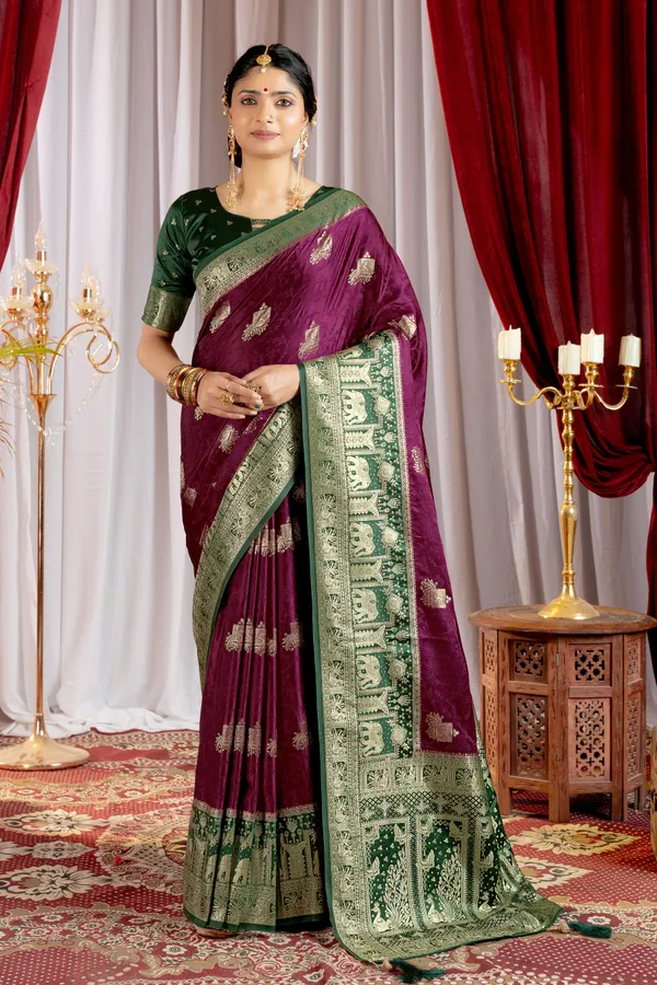 Banarasi_Pure_Satin_Silk_sarees_with_Beautiful_Elephant_in_Contrast_Green-Wine_Shades_With_Attractive_Weaving_Gold_Zari_Design_And_Contrast_Blouse_With_Tassels