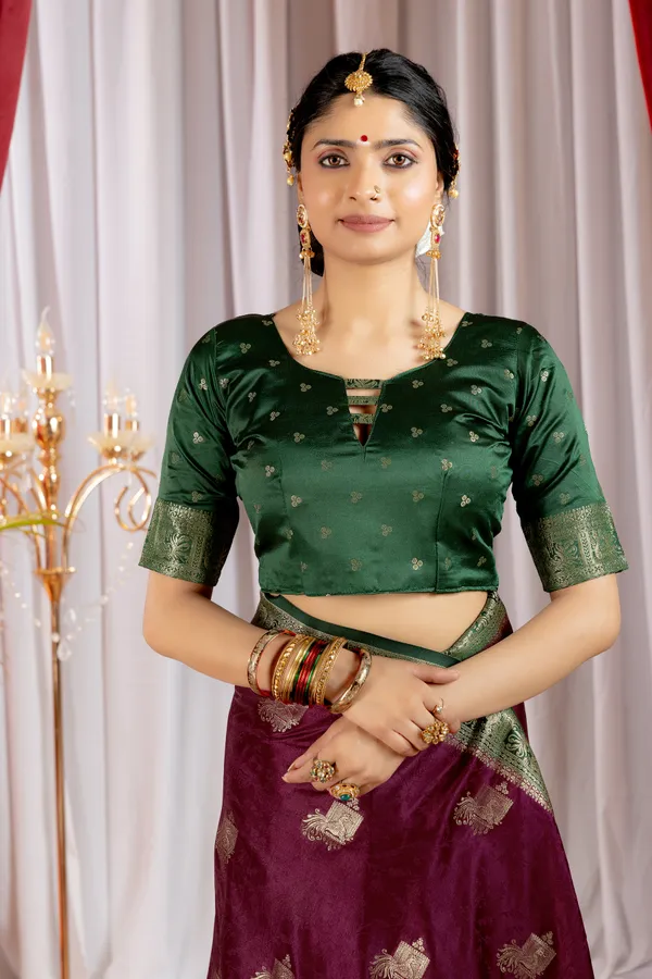 Banarasi_Pure_Satin_Silk_sarees_with_Beautiful_Elephant_in_Contrast_Green-Wine_Shades_With_Attractive_Weaving_Gold_Zari_Design_And_Contrast_Blouse_With_Tassels