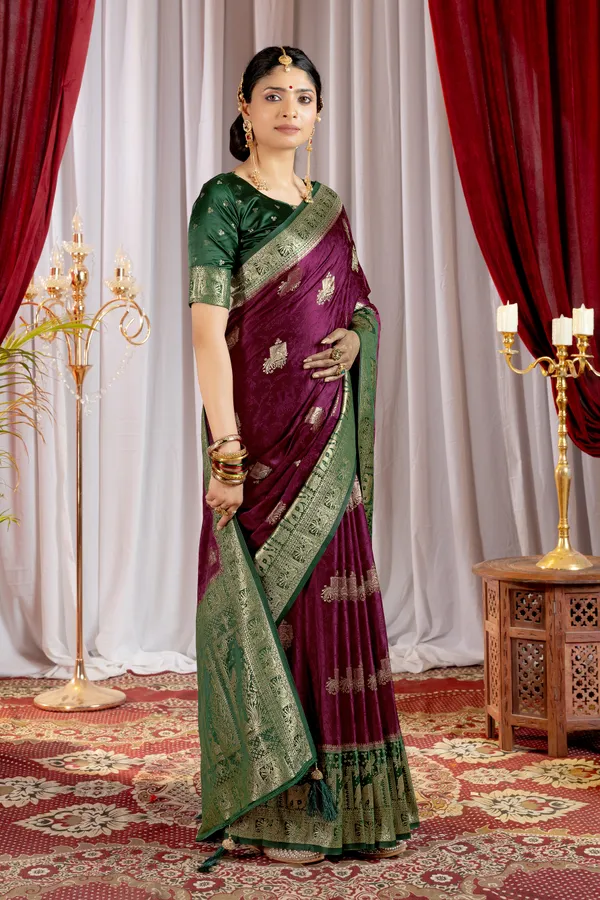Banarasi_Pure_Satin_Silk_sarees_with_Beautiful_Elephant_in_Contrast_Green-Wine_Shades_With_Attractive_Weaving_Gold_Zari_Design_And_Contrast_Blouse_With_Tassels